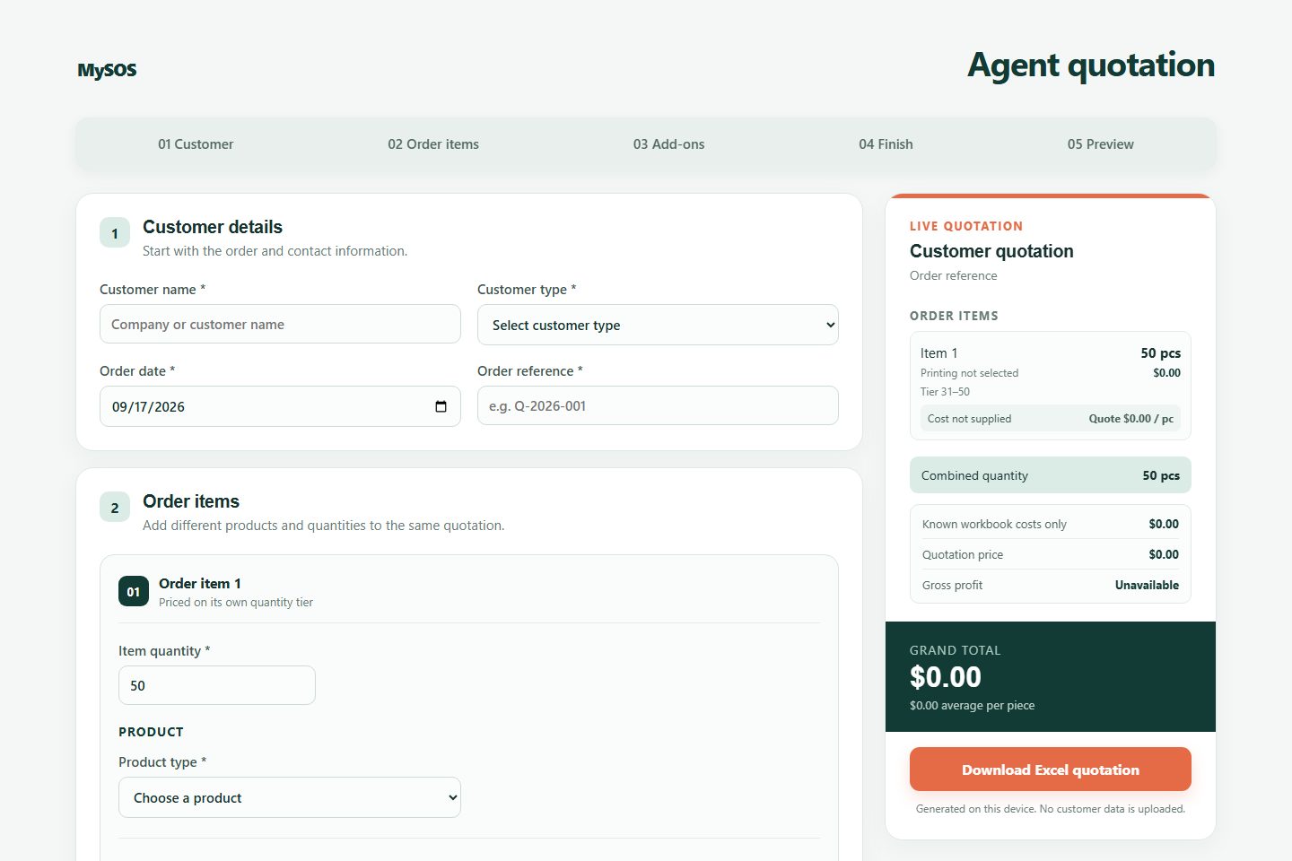 MySOS quotation engine with customer details, order items, and a live quotation total