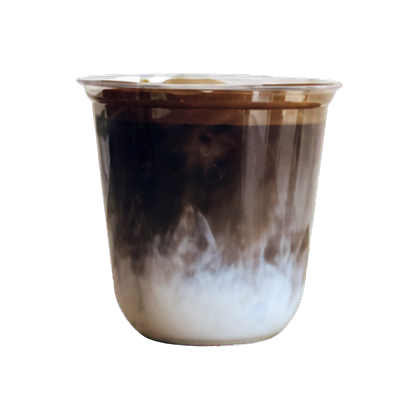 Iced hojicha latte with roasted tea layered over milk