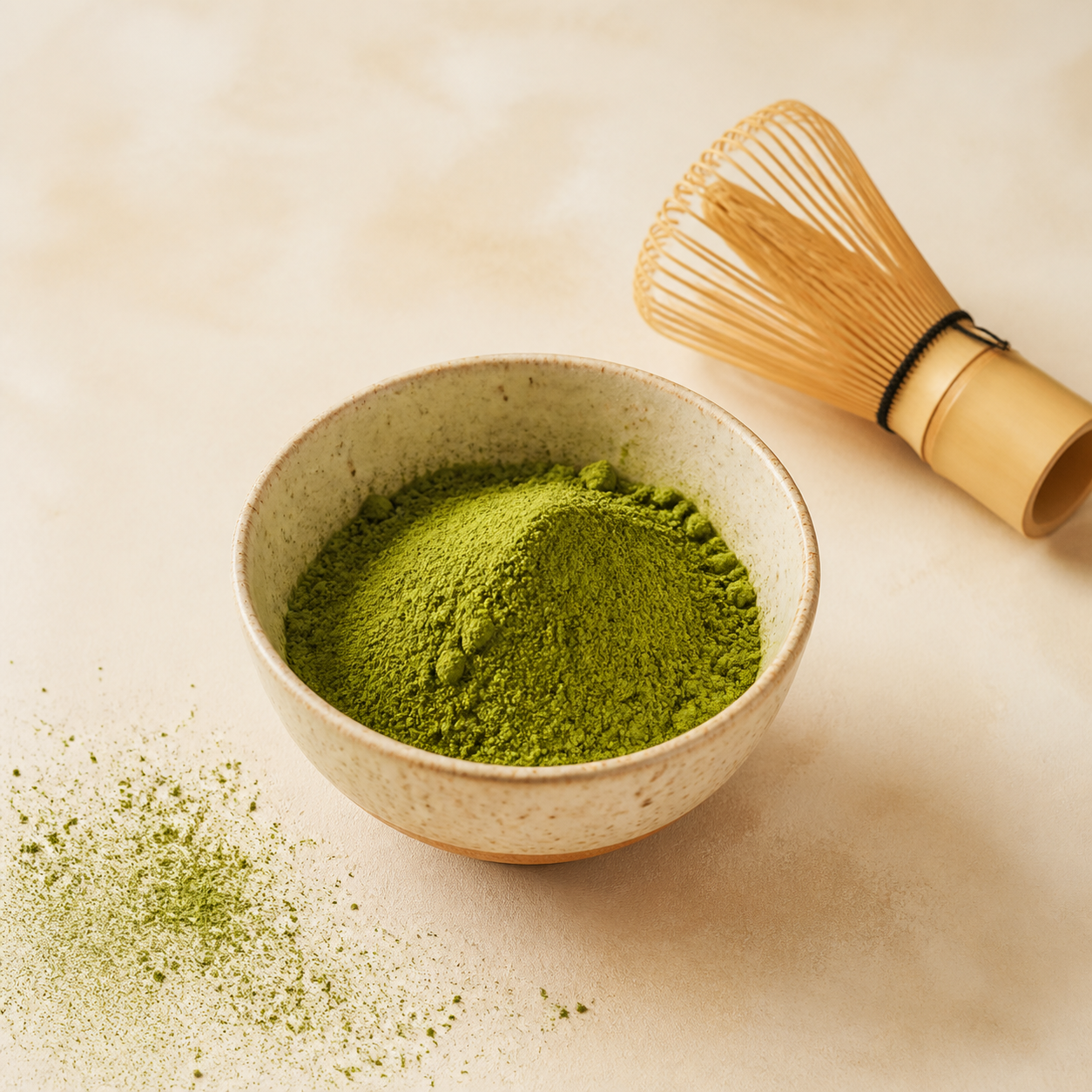 Matcha powder in a ceramic bowl beside a bamboo whisk