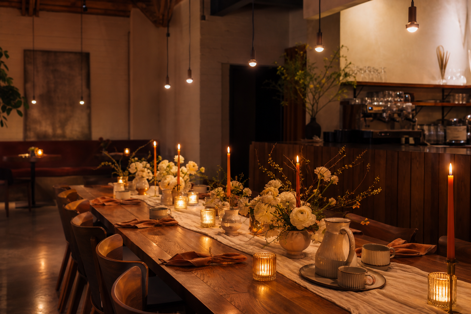Warm cafe event table set with flowers, candles and ceramic cups