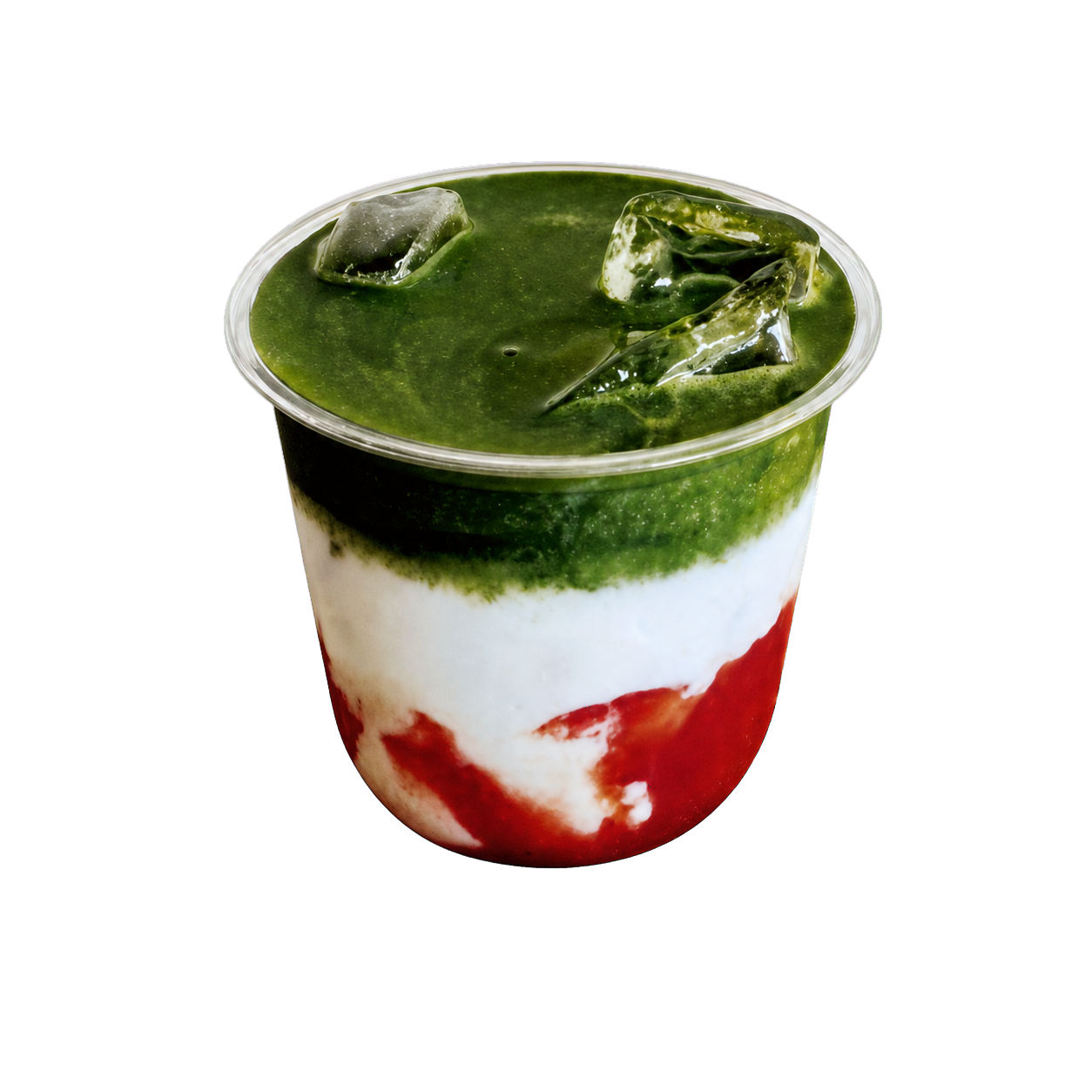 Layered strawberry, milk pudding and matcha in a clear cup